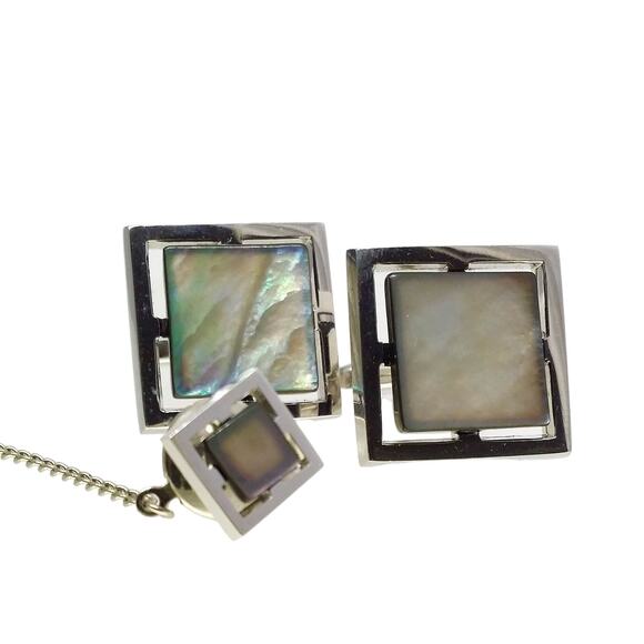 Square Abalone Cufflinks Tie Tack Lapel Pin Sarah Coventry Silver MOP Shell Vtg - Picture 2 of 8